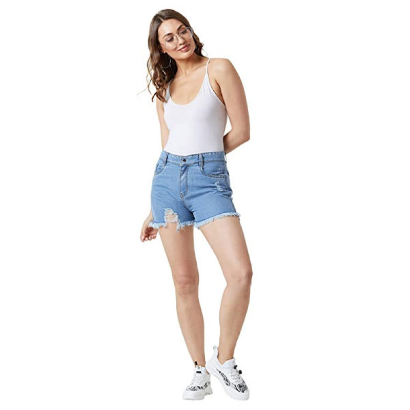 Women's Blue Relaxed Fit Distressed Mid Rise Ripped Fringed Shorts